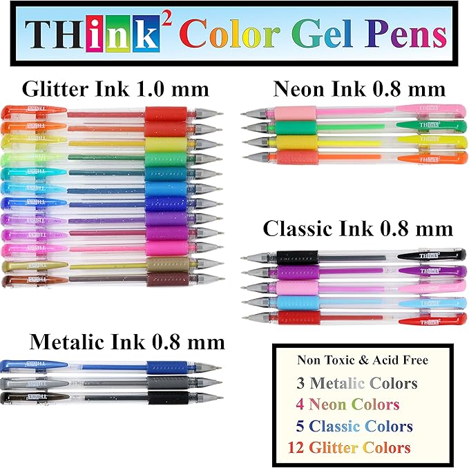 [24 Colors] Think2 Color Gel Pens Set for Teens and Adult. Perfect for Drawing, Journaling, Doodling, Scrapbooking