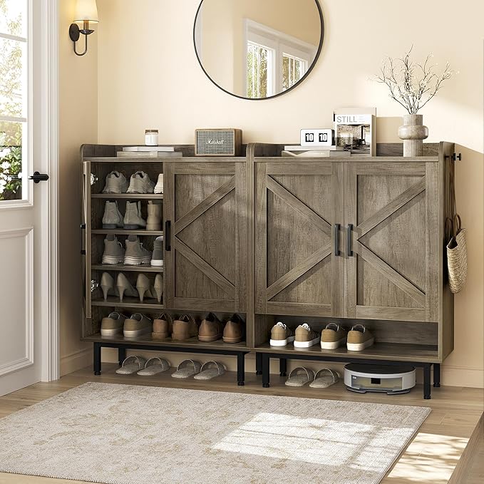 Yaheetech Shoe Storage Cabinet with Doors, Farmhouse Shoe Cabinet with 2 Adjustable Shelves and 4 Side Hooks, Wooden Shoe Rack Organizer Cabinet for Entryway, Foyer, Hallway, Washed Gray