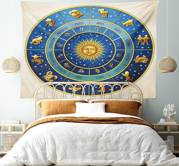 Ambesonne Astrology Tapestry, Wheel of Astrological Signs Names Dates Moon Sun in Middle, Fabric Wall Hanging Decor for Bedroom Living Room Dorm, 23" X 28", Blue Yellow and Cream