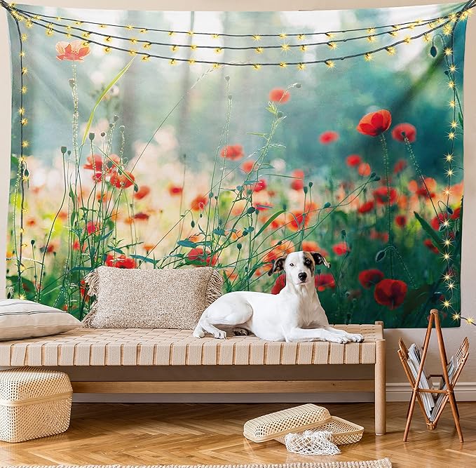 Ambesonne Nature Tapestry King Size, Wild Red Poppy Flowers Field Summertime Sunbeams Gardening Bedding Plants, Wall Hanging Bedspread Bed Cover Wall Decor, 104" X 88", Red Green Yellow