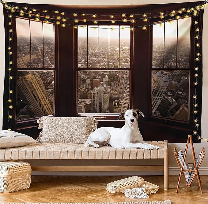 Ambesonne Aerial Tapestry Twin Size, Urban View from The Window View City Dusk Building North American Town Scene, Wall Hanging Bedspread Bed Cover Wall Decor, Twin Size, Brown and Taupe