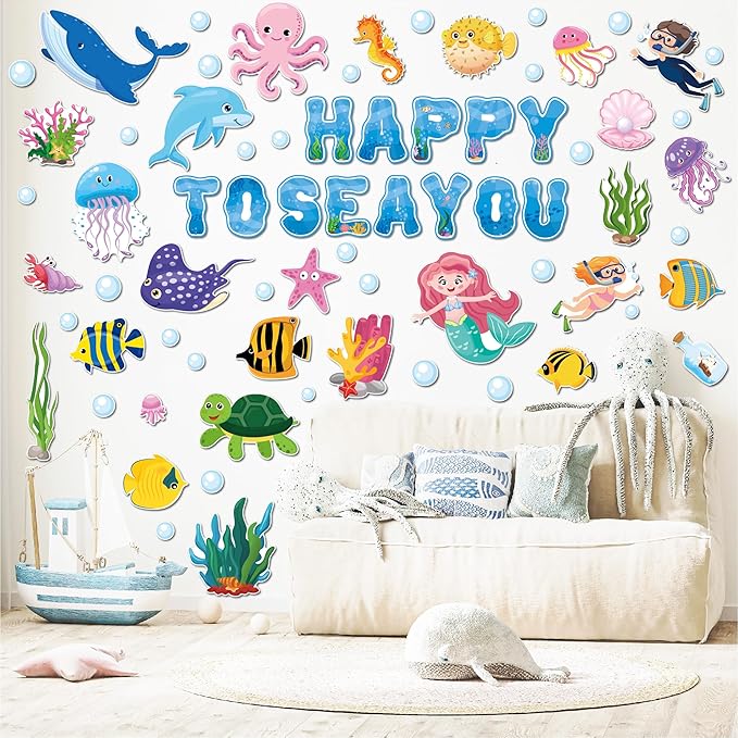 97 Pcs Ocean Animal Bulletin Board Decorations, Under The Sea Classroom Decorations Happy to Sea You Bulletin Board Decor for School Classroom Ocean Themed Party Supplies