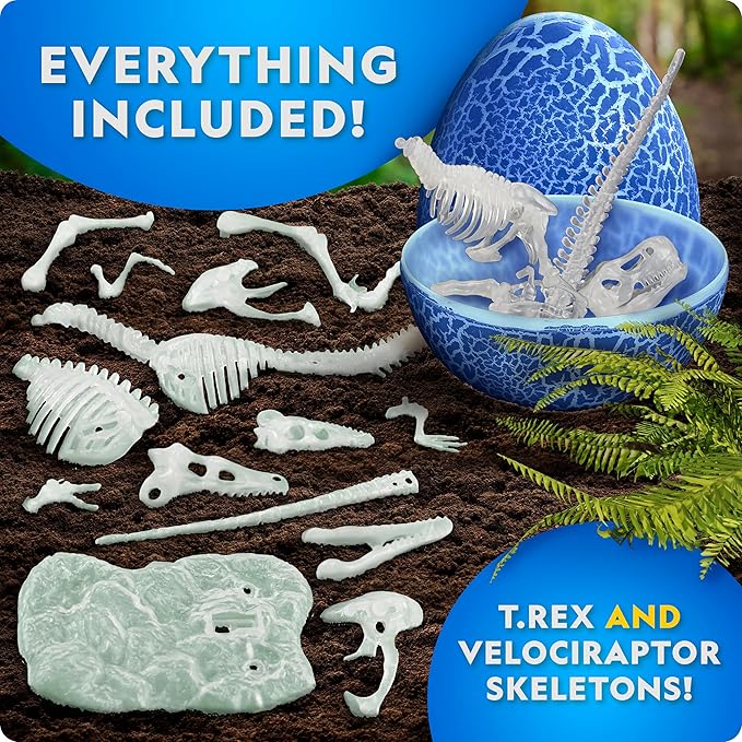 National Geographic Glow-in-The-Dark Dinosaur Skeleton Models Kit – Build Replica Velociraptor & T. rex Skeletons, Easy Snap-Together Bones, Educational Dinosaur Activity Kit for Kids