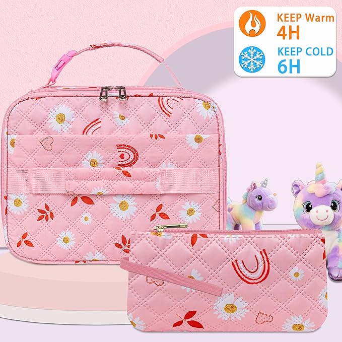 Rainbow Lunch Bag Pink for Girls Lonchera Para Niños Daisy Reusable Lunch Box with Reusable Snack Bag Back to School Lunch Kit