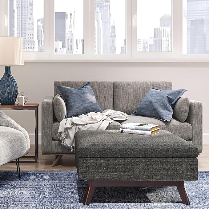 SIMPLIHOME Owen Coffee Table Storage Ottoman - 34 inch Wide Upholstered Tweed Look Fabric Rectangular Lift-Top Ottoman in Ebony, Mid-Century Modern Bench for Living Room with Tapered Legs