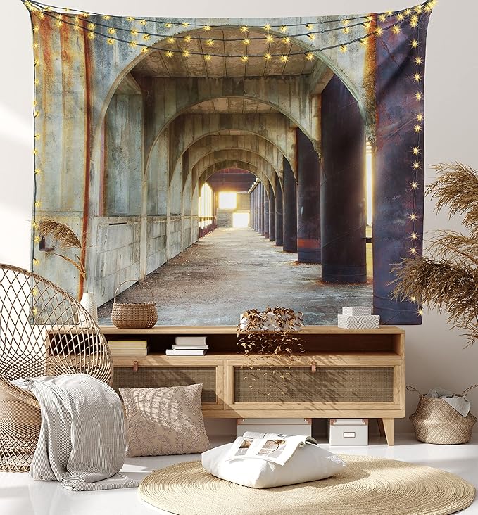 Ambesonne Urban Tapestry, Corridor of Concrete Pillars Structure Urban Industrial Rustic Style Art, Wall Hanging for Bedroom Living Room Dorm Decor, 40" X 60", Brown Purple