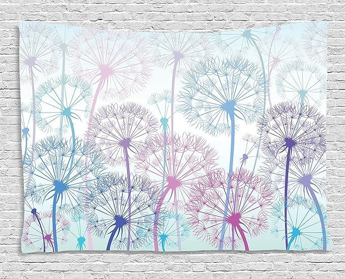 Ambesonne Dandelion Tapestry, Watercolor Abstract Floral Arrangement with Botany Inspirations Nature, Wide Wall Hanging for Bedroom Living Room Dorm, 80" X 60", Pale Blue Violet Pink