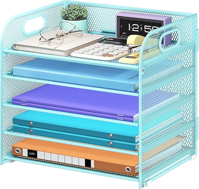 5 Tier Paper Organizer with Handle, Blue Metal Mesh Desk Organizer File Folder Paper Letter Tray Desktop Document Sorter for Classroom, School, Office Accessories Organization and Storage