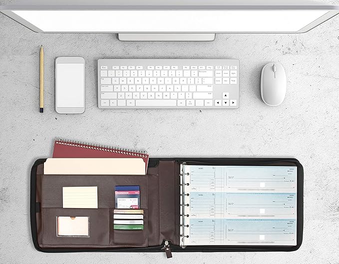 2Fold Zippered Business Checkbook Binder - 7 Ring Binder for Business Checks with Built-in Organizer and Card Case - PU Leather Portfolio for up to 600 3-Up Checks (Dark Brown)
