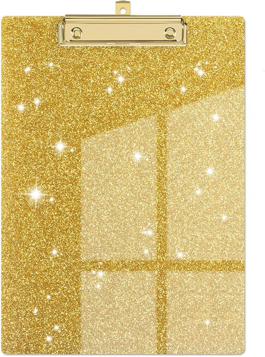 Piasoenc Acrylic Clipboards, Fashion Glitter Clip Board with Low Profile Gold Clip, Designed for Classroom School and Office Use, A4 Letter Size 9 x 12.5 in,Gold