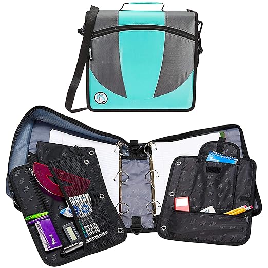Case-it The Dual 2-in-1 Zipper Binder - Two 1.5 Inch D-Rings - Includes Pencil Pouch - Multiple Pockets - 600 Sheet Capacity - Comes with Shoulder Strap - Mint Blue Dual-101