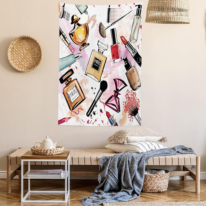 Ambesonne Fashion Tapestry, Cosmetic and Makeup Theme Pattern Perfume Lipstick Nail Polish Brush Modern, Wall Hanging for Bedroom Living Room Dorm Decor, 60" X 80", Coral White