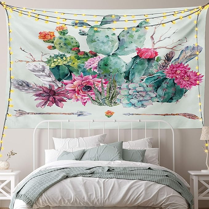 Ambesonne Cactus Tapestry, Spring Garden Boho Style Bouquet of Thorny Plants Blossoms Arrows Feathers, Fabric Wall Hanging Decor for Bedroom Living Room Dorm, 90" X 60", Rose Green Brown