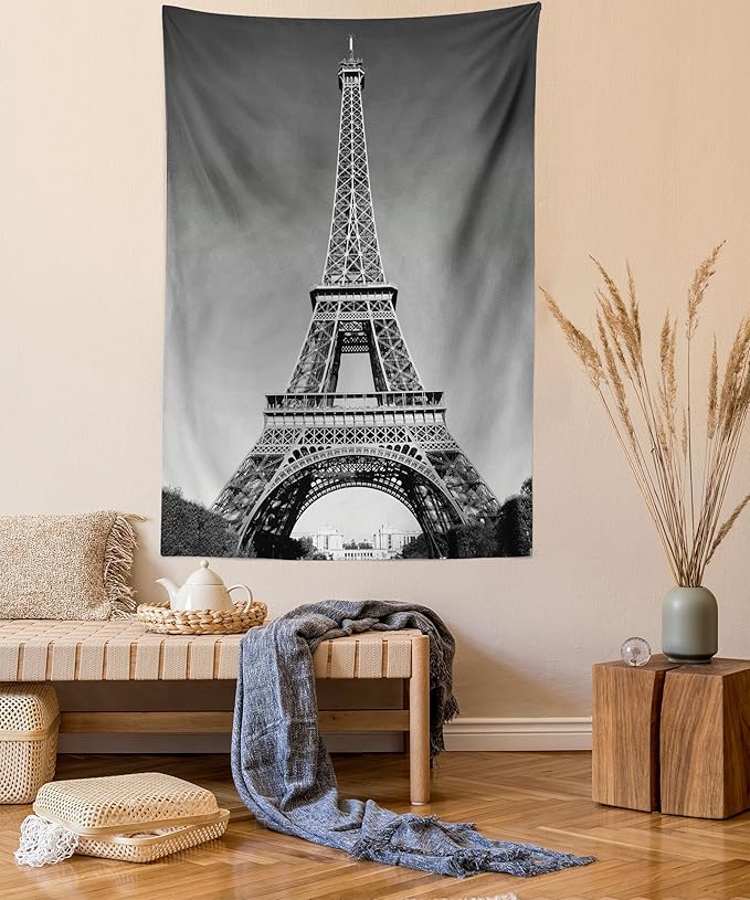 Ambesonne Eiffel Tower Tapestry Twin Size, Paris Landmark Monochrome Picture of Cityscape European Urban Famous Place Image, Wall Hanging Bedspread Bed Cover Wall Decor, 68" X 88", Grey