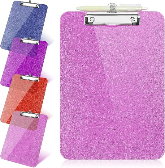 1 Pcs Clear Glitter Clipboards, Plastic Clipboard with Pen Holder,Size 8.85 x 12.4 in Shiny Clipboards with Low Profile Clip,Cute Hanging Clipboard for Office Supplies Sparkly Clip Board-Rose Pink