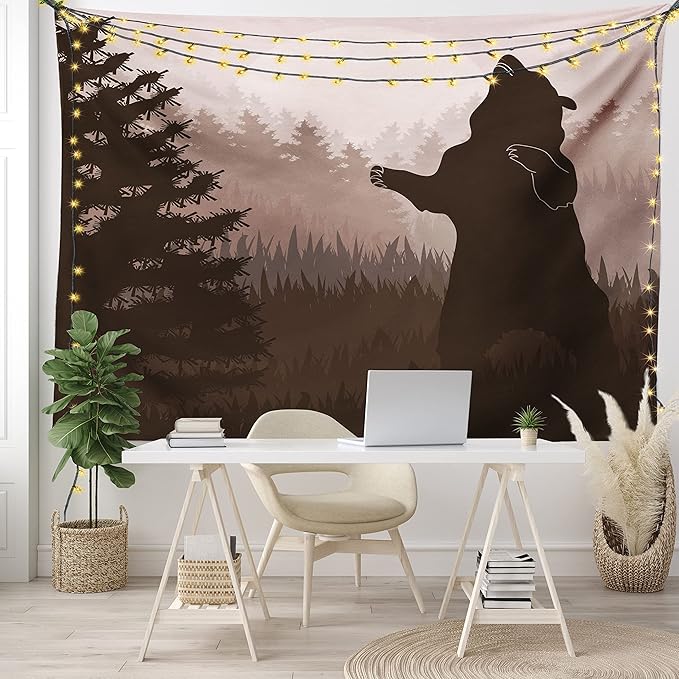 Ambesonne Nature Tapestry, Silhouette of Wild Bear in the Jungle Woodland at Dark Night Illustration, Fabric Wall Hanging Decor for Bedroom Living Room Dorm, 45" X 30", Army Green Pale Peach