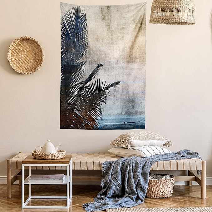 Ambesonne Hawaiian Tapestry Twin Size, Palm Tree Leaves on Grunge Background with Sea Vintage Waterscape Illustration, Wall Hanging Bedspread Bed Cover Wall Decor, 68" X 88", Beige Indigo