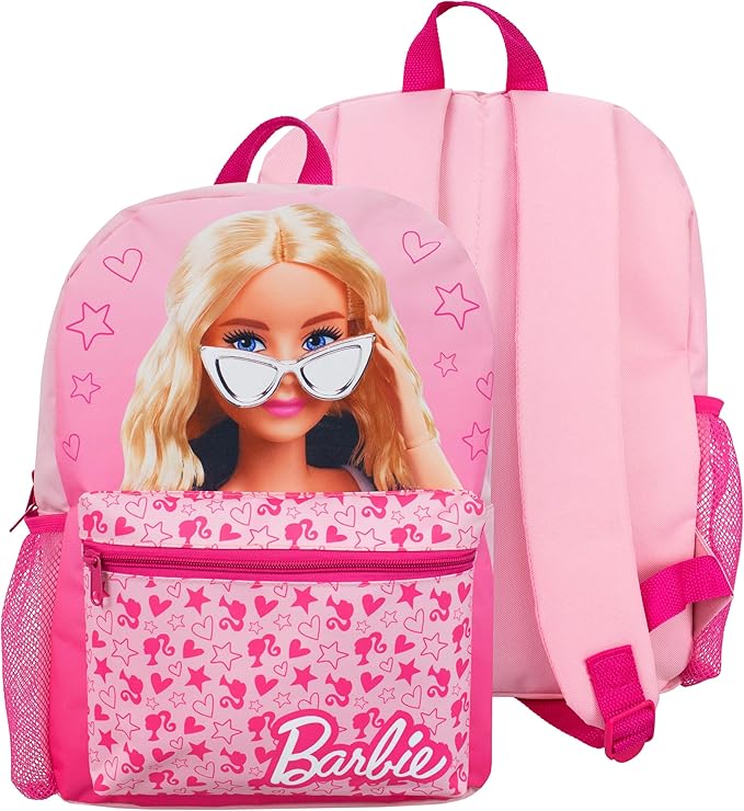Barbie Backpack 4 Piece Set | Girls School Bag Set | Girls Backpack Lunch Bag Water Bottle and Pencil Case | One Size Pink
