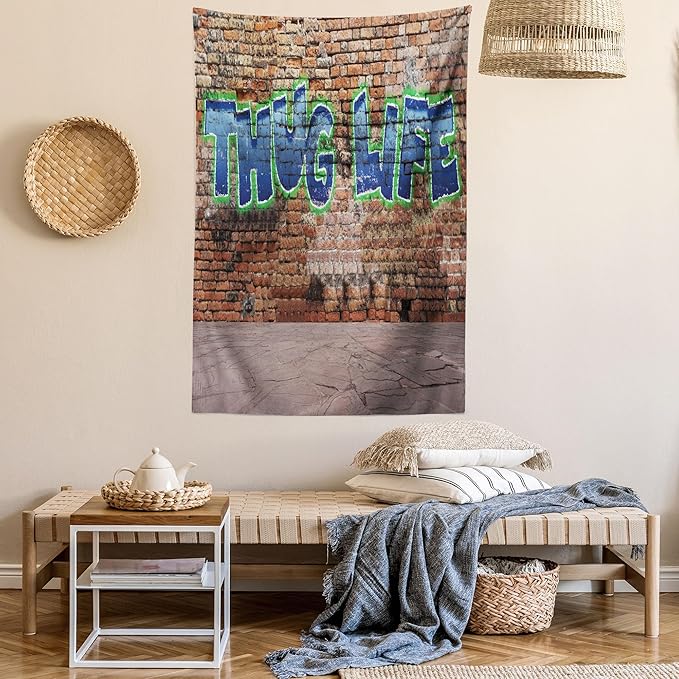 Ambesonne Thug Life Tapestry Queen Size, Graffiti Style Words on a Brick Wall Street Urban Art Hip Hop Rap Culture Theme, Wall Hanging Bedspread Bed Cover Wall Decor, 88" X 88", Brown Blue