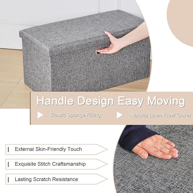 VECELO 30'' Folding Storage Ottoman Bench, End of Bed Linen Fabric Foot Rest Stool with Padded Seat, Large Footstools for Bedroom, Living Room, Load 500 lb, Grey