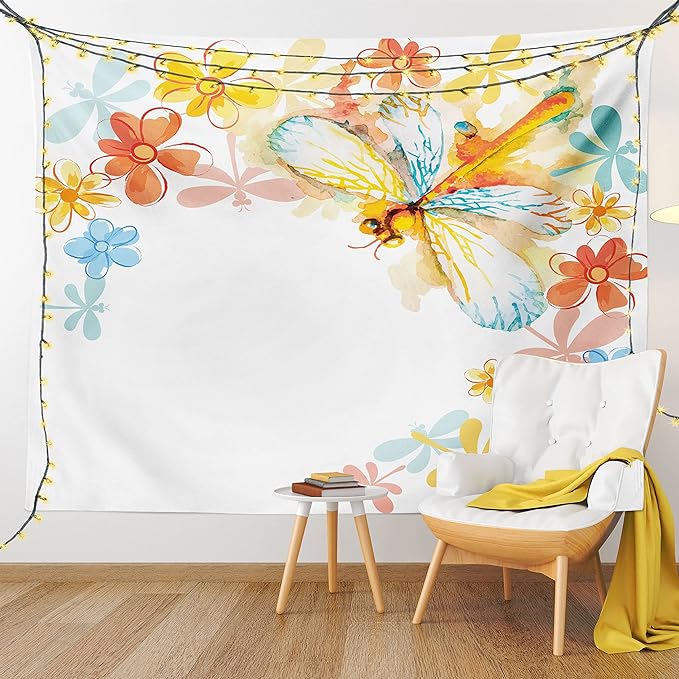 Ambesonne Dragonfly Tapestry Twin Size, Abstract Grunge Vintage Design Moth Spring Flowers Floral Frame Art Print, Wall Hanging Bedspread Bed Cover Wall Decor, 68" X 88", Yellow Orange