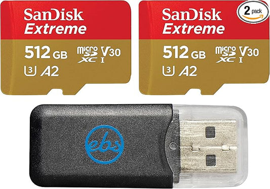 SanDisk Extreme (UHS-1 U3 / V30) A2 512GB (2 Pack) MicroSD Memory Card for GoPro Hero 10 Black Action Cam Hero10 SDXC (SDSQXA1-512G-GN6MN) Bundle with 1 Everything But Stromboli Micro SD Card Reader