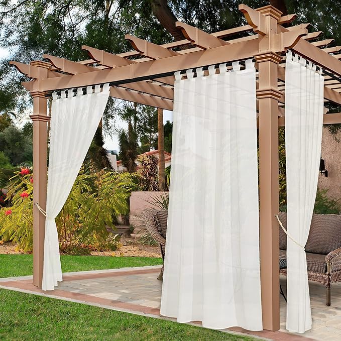NICETOWN 2 Panels Indoor Outdoor Waterproof Patio Curtains, Sticky Tab Top Soft Voile Sheer Vertical Indoor Outdoor Drapes Easy Hanging for Porch/Cabana, Ivory, W54 x L96