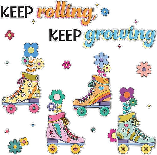 Happily Ever Elementary Retro Remix 103-Piece Motivational Bulletin Board Set, Roller Skates, Flowers, and More Groovy Bulletin Board Decorations for Classroom Decor
