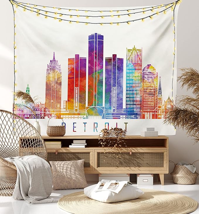 Ambesonne Detroit Tapestry King Size, Vibrant Colored Abstract Skyscrapers Modern Architecture Watercolor Style Landmarks, Wall Hanging Bedspread Bed Cover Wall Decor, 104" X 88", Ivory