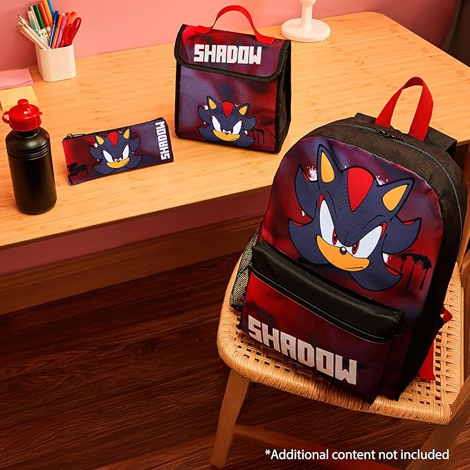 Sonic The Hedgehog Backpack Set 4 Pcs with Insulated Lunch Bag Water Bottle Pencil Case Shadow School Supplies Gift for Kids (Shadow 4 Pcs Set)