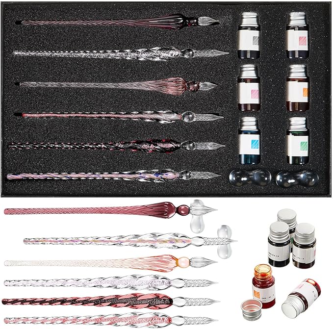Zonon Glass Dipped Pen Ink Set 14 Pcs Include 6 Pcs Glass Dip Pen, 6 Colorful India Ink and 2 Holder Crystal Signature Calligraphy for Art, Writing, Gift(Purple Pink Color System)