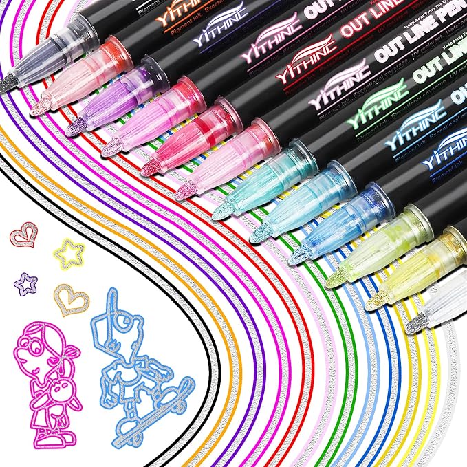 Outline Shimmer Markers, Tween Teen Girl Gifts Trendy Stuff, 12 Glitter Metallic Gel Pens Coloring, Arts and Crafts Drawing Supplies Kits Birthday Gift for Kids Girls Ages 4, 6, 8, 10, 12 Year Old