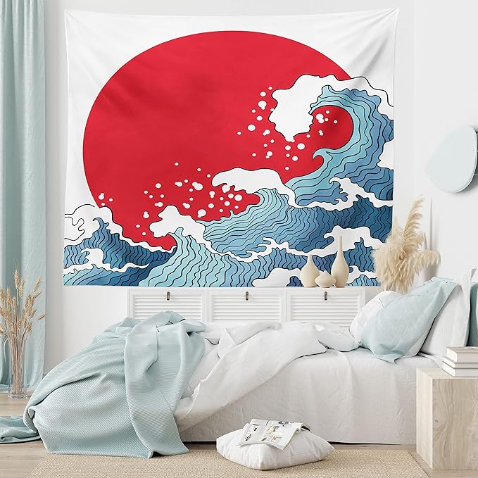 Ambesonne Japanese Wave Tapestry King Size, Big Red Sun Setting Scenery Tropical Nautical Tsunami Swirls, Wall Hanging Bedspread Bed Cover Wall Decor, King Size, Red Blue White