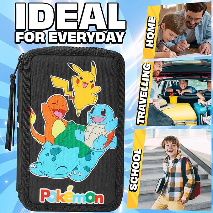 Pokemon Pencil Case for Boys Girls Pikachu Stationery Set with Colored Pencils Sharpener Ruler Eraser Notepad School Supplies Anime Gifts for Kids (Black/Multi)