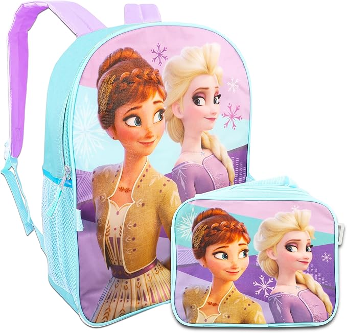 Disney Frozen Anna and Elsa Backpack School Supplies Set for Girls ~ Bundle with 16" Frozen School Bag, Lunch Bag, Plastic Water Bottle, Frozen Stickers, and More.