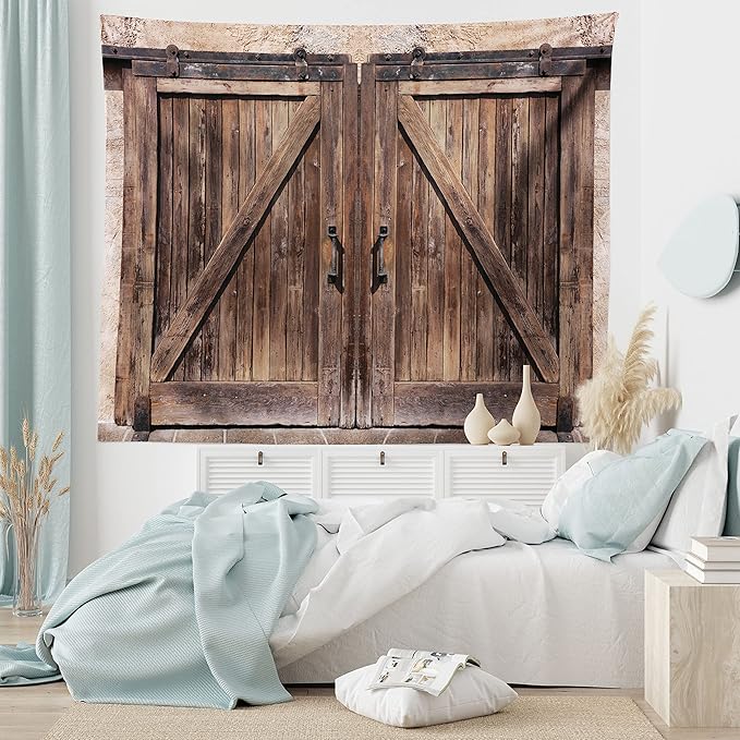 Ambesonne Rustic Tapestry, Wooden Barn Door in Stone Farmhouse Image Vintage Desgin Rural Art Architecture Print, Wide Wall Hanging for Bedroom Living Room Dorm, 60" X 40", Cream Brown