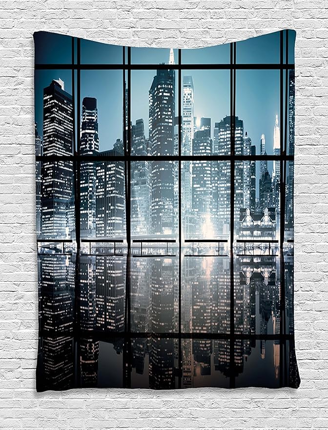 Ambesonne Modern Tapestry, Modern New York City Scenery at Night with Skyscrapers Buildings Print, Wall Hanging for Bedroom Living Room Dorm Decor, 60" X 80", Black Blue