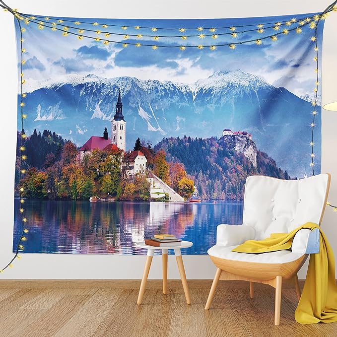 Ambesonne Landscape Tapestry, Photo of Bled in Slovenia with Lake Snowy Mountains and a Castle Pastoral Scenery, Fabric Wall Hanging Decor for Bedroom Living Room Dorm, 30" X 45", Blue Lavender