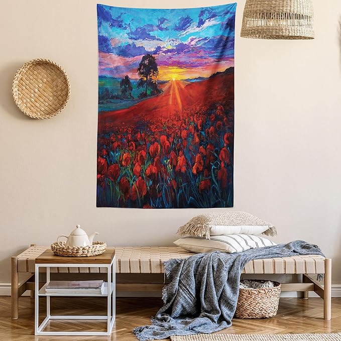 Ambesonne Country Tapestry, Clouds at Sunset Paint Scenery of Poppy Flower Garden on Valley with Horizon, Fabric Wall Hanging Decor for Bedroom Living Room Dorm, 30" X 45", Burgundy Deep Sky Blue