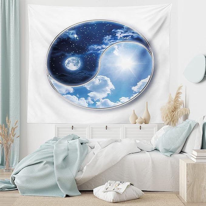 Ambesonne Space Tapestry, Yin Yang World Moon and Sun Harmony of the Universe Art Print, Fabric Wall Hanging Decor for Bedroom Living Room Dorm, 45" X 30", Navy Blue Sky Blue White