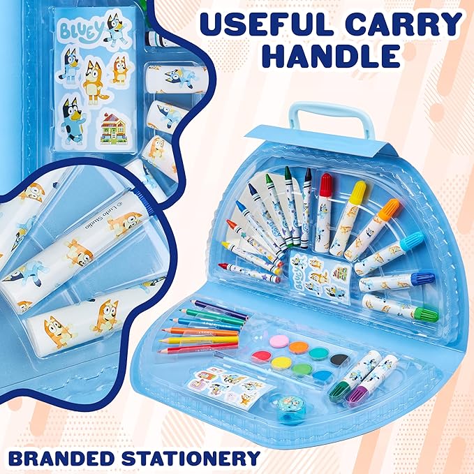 Bluey Colored Pencils Art Supplies for Boys Girls Drawing Kit Painting School Supplies Art Kit Travel Case Gifts for Kids (Blue Halfmoon Case)