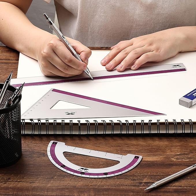 Mr. Pen- Geometry Set, Purple Stripes, 4 Pack, Metal Geometry Kit, Triangle Ruler, Metal Ruler, Drafting Triangles, Metal Protractor, Metal Set Square, Drafting Ruler, Drafting Set