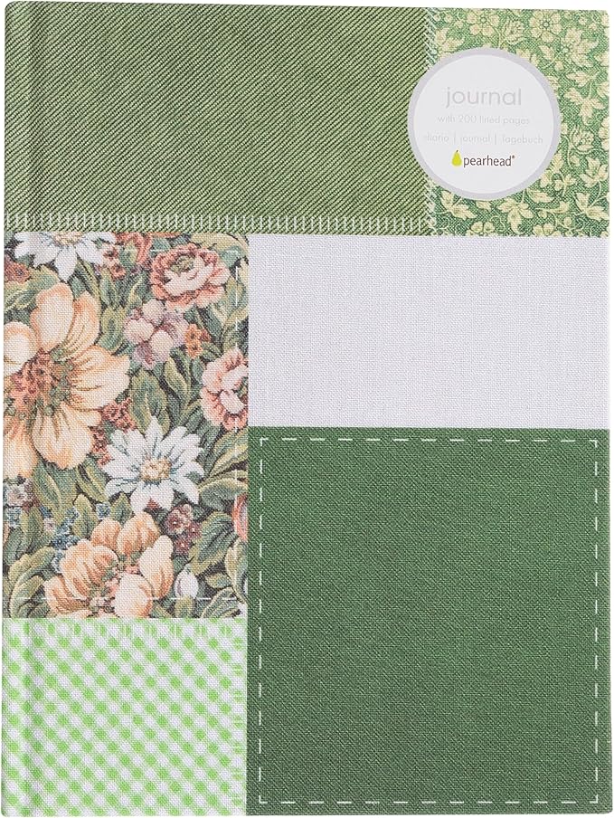 Pearhead Green Patchwork Fabric Hardcover Journal, 6x8 College-Ruled Lined Notebook, 200 Pages, Boho Writing Journal for School, Work & Personal Use