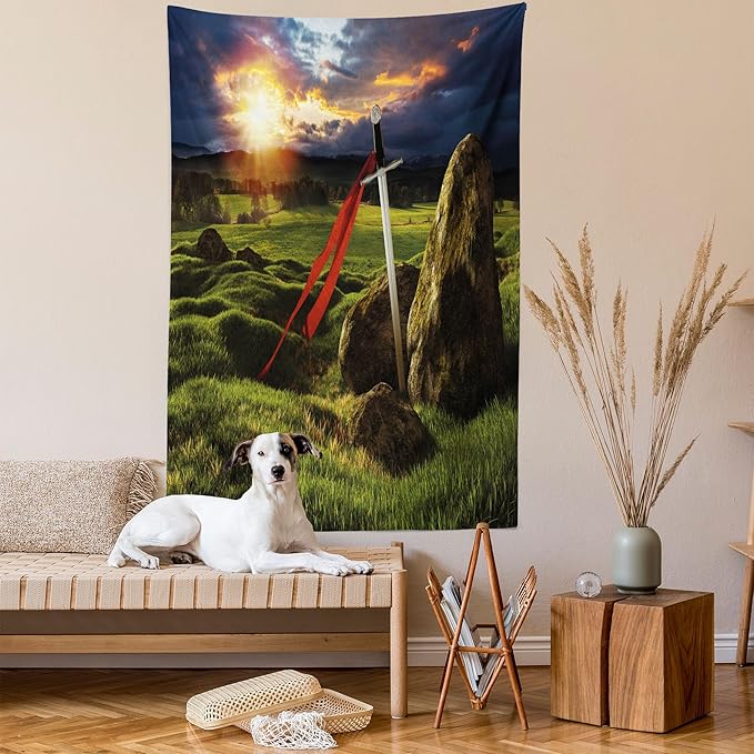Ambesonne King Tapestry, Arthur Camelot Myth in England Ireland Fields Invincible Myth Image, Fabric Wall Hanging Decor for Bedroom Living Room Dorm, 30" X 45", Green Blue Red