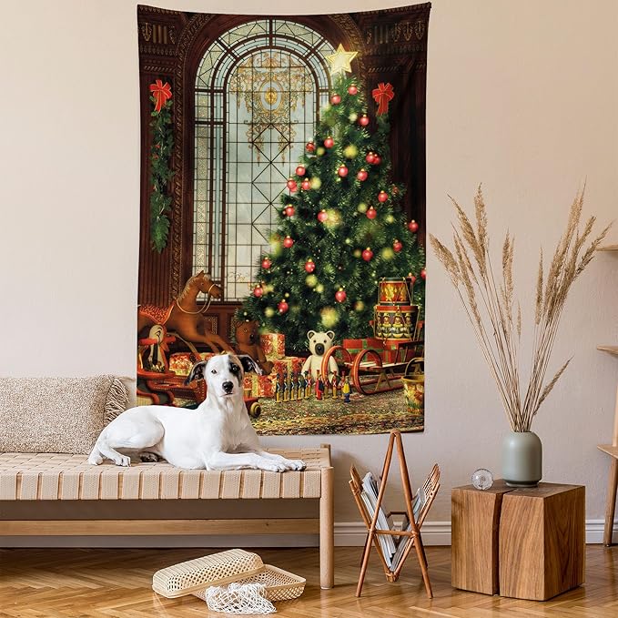 Ambesonne Christmas Tapestry Twin Size, Vintage Ambiance Big Old Fashioned Window Xmas Tree Various Presents, Wall Hanging Bedspread Bed Cover Wall Decor, Twin Size, Brown Red Green