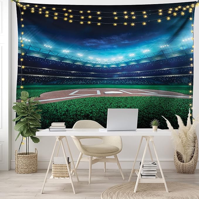 Ambesonne Baseball Tapestry, Professional Baseball Field at Night Vibrant Playground Stadium League Theme Print, Wide Wall Hanging for Bedroom Living Room Dorm, 80" X 60", Blue Green