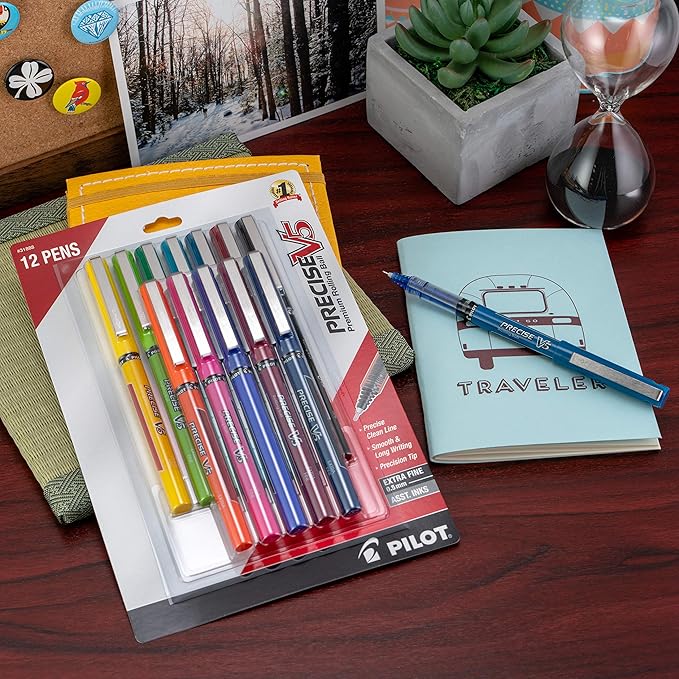 Pilot, Precise V5, Capped Liquid Ink Rolling Ball Pens, Extra Fine Point 0.5 mm, Assorted Colors, Pack of 12