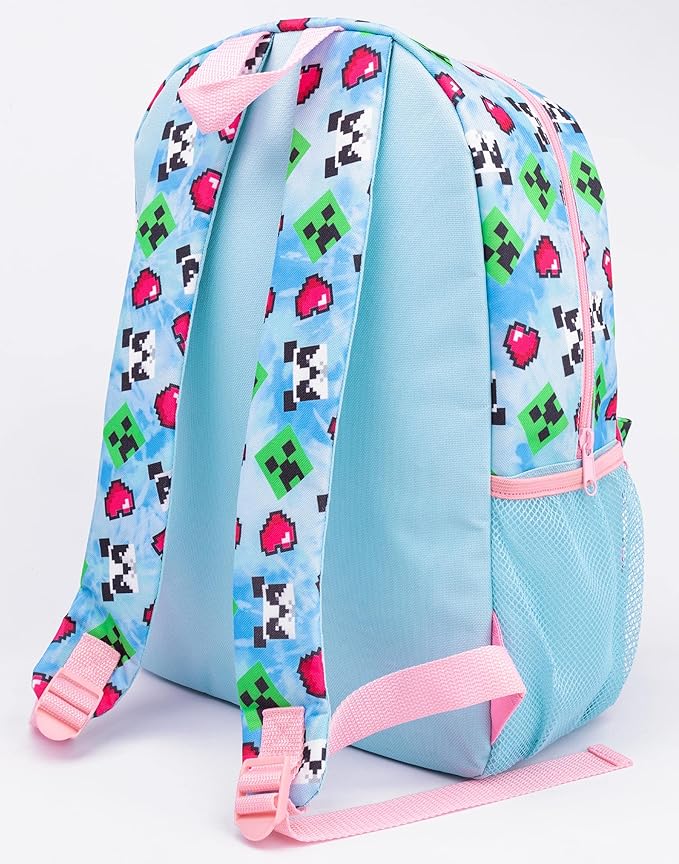 Minecraft Backpack and Lunch Box Set for Girls | Kids 4 Piece Creeper Panda Hearts Blue School Rucksack, Lunch Bag, Pencil Case, Water Bottle One Size