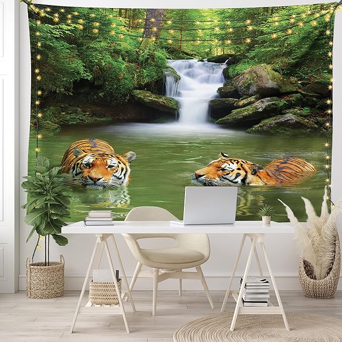 Ambesonne Savannah Tapestry, Siberian Tigers in Water Waterfall Pool Woodland Swimming Natural, Fabric Wall Hanging Decor for Bedroom Living Room Dorm, 45" X 30", Reseda Green Orange