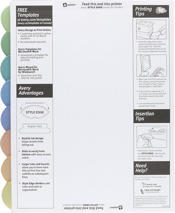 Avery Insertable Style Edge Plastic Dividers for 3 Ring Binders, 8-Tab Set, Multicolor, 1 Set (11201) (Pack of 3)